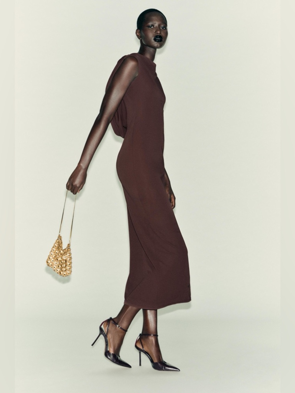 ZARA Brown Cowl Back Long Dress with Gold Floral Pendant Back Charm. M NWT